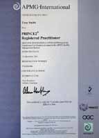 PRINCE2 Practioner Certificate for Tony Smith, Housing specialist in many HMS, such as ActiveH, openHousing, Academy, Omniledger, Miracle, Promaster, Codeman and others